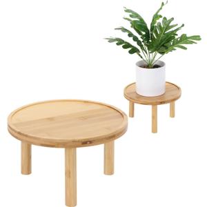 Mini Bamboo Stool Plant Display Stand, Round Decorative Flower Shelf Bonsai Rack, Succulents Plant Pot Raiser, Cake Stand Display Holder for Indoor Outdoor Garden Home Decoration, 2 Pack