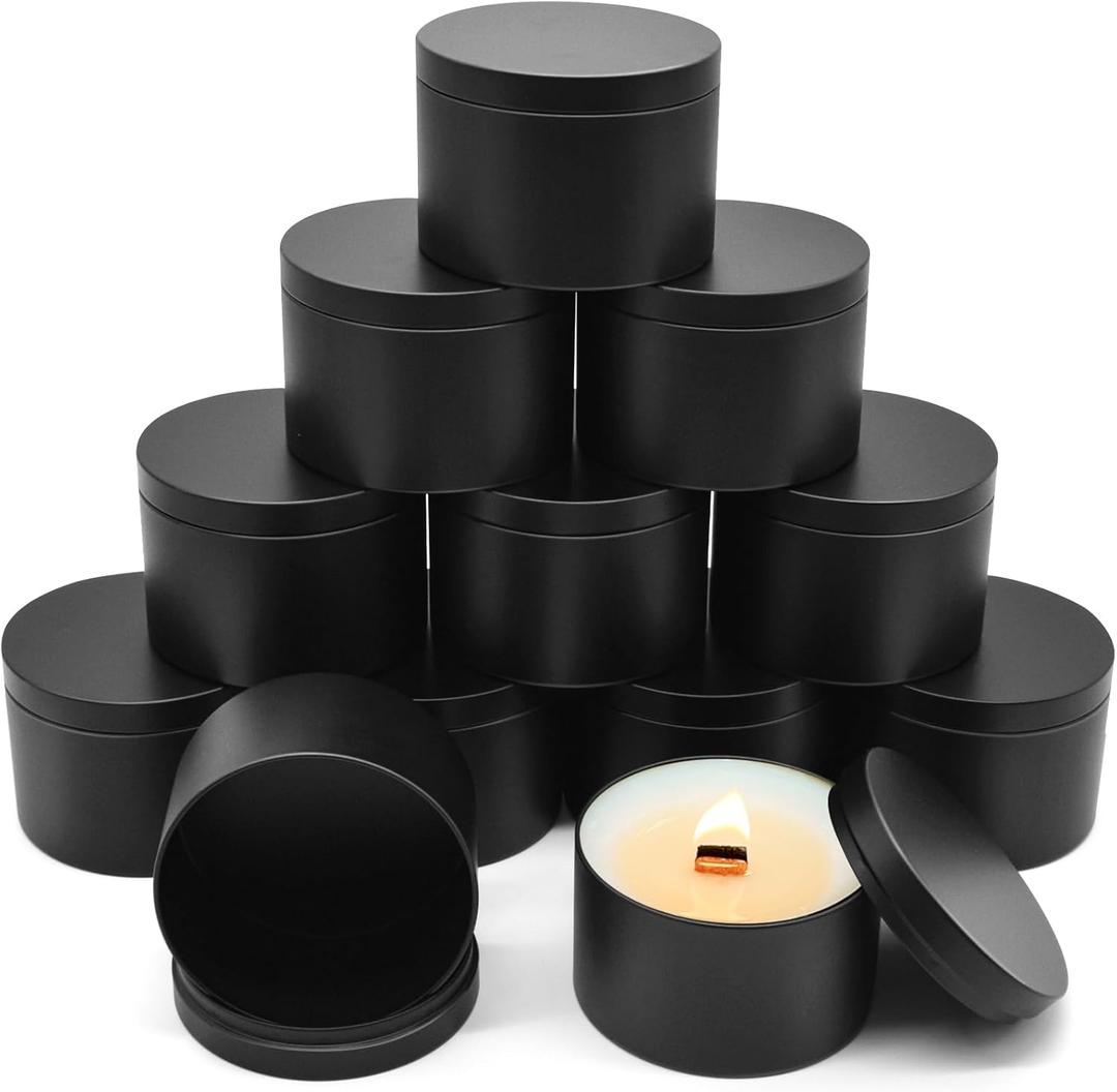12-Pack 10oz Candle Tins with Lids, Metal Candle Jars for Candle Making, Bulk Empty Containers for Beginners & DIY Storage -Black