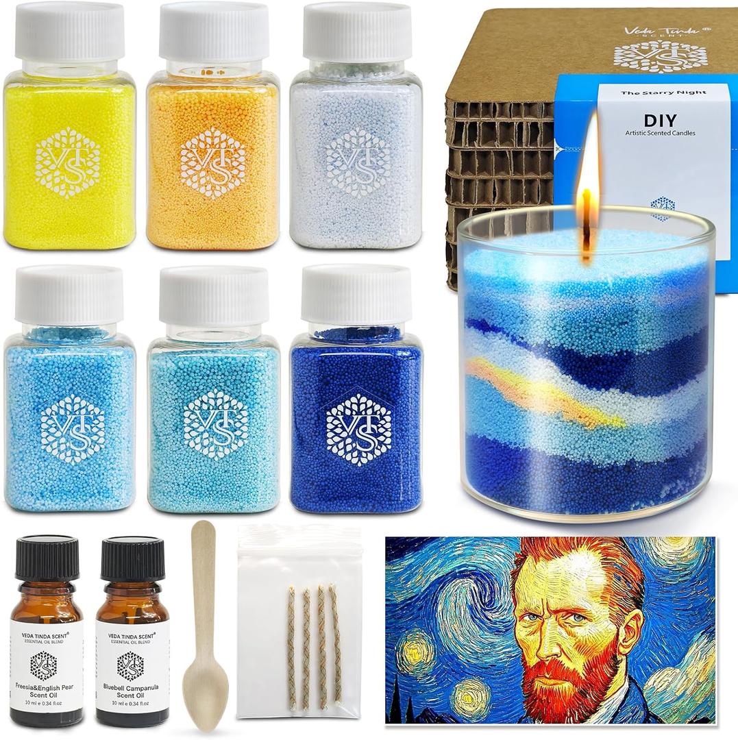 The Starry Night DIY Pearled Candle Sand Set - 11 Oz Sand Wax Beads (6 Colors), 2x10ml Scented Essential Oils, 4 Reusable Wicks, Glass Cup & Spoon, Home Decor & Handmade Gift & Craft Enthusiasts