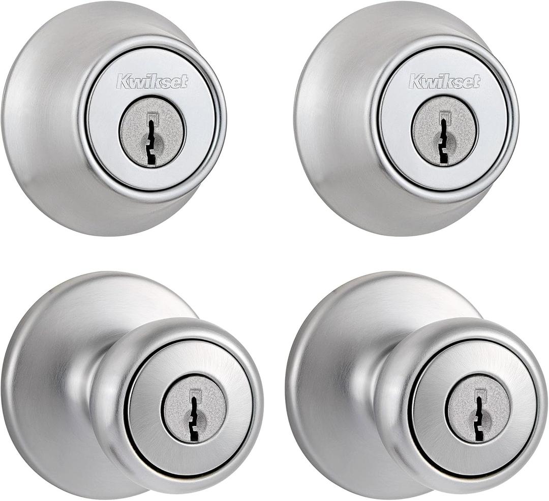 Kwikset Tylo Front Door Knob and Deadbolt Set, Entry Knob Combo Project Pack Exterior with Interior Door Knob, Satin Chrome, Pick Resistant SmartKey Rekey Deadbolt Security