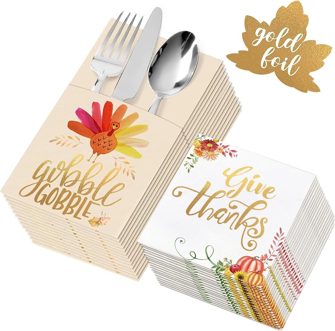 Thanksgiving Napkins - 54 Pack Gold Foil Napkins Paper (36 Pcs) with Cutlery Holders (18 Pcs) - Give Thanks Table Decorations for Autumn Fall Harvest Wedding Dinner Party Disposable Centerpiece Decor
