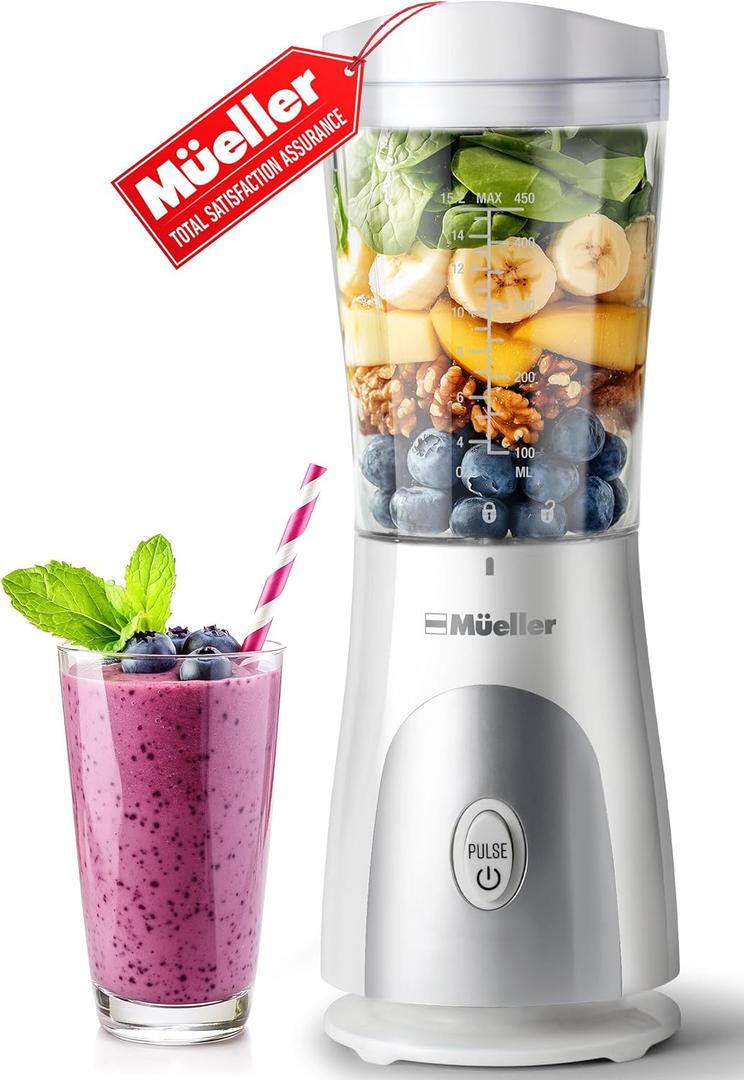 Mueller Smoothie Blender for Smoothies - Personal Blender for Shakes, Frozen Drinks, Baby Food & More, 15oz Travel Cup and Lid, Durable Stainless Steel Blades for Powerful Blending Performance, White (White)