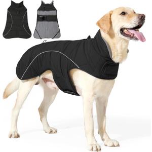 Dog Coats for Medium Large Dogs, Winter Puffer Jacket Waterproof, Warm Fleece Dog Vest with D-Ring, Drawstring & 2 Hidden Elastic Bands, Quilting Large Pet Warm Jackets for Cold Weather (Black)