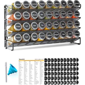 SpaceAid Spice Rack Organizer with 36 Spice Jars, 386 Spice Labels, Chalk Marker and Funnel Set for Cabinet, Countertop, Pantry, Cupboard or Door & Wall Mount - 36 Jars, 17.2" W  10.8" H, Black
