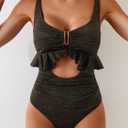 B2prity Womens One Piece Swimsuit Tummy Control Ruffled Bathing Suit V Neck Cutout Swim Suit Tie Back Swimwear (L)