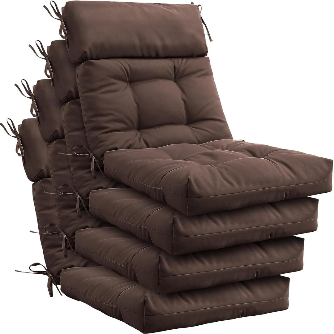 Barydat 4 Pack High Back Chair Cushion Indoor Outdoor Tufted Seat and Back Chair Rocking Pads Lounge Porch Seat Cushion with Ties for Patio Furniture, 43.4 x 21 x 3.3 Inch (Coffee)