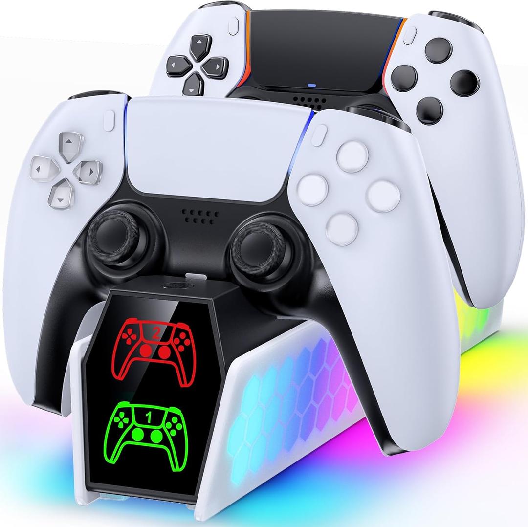 PS5 Controller Charger Station Compatible with DualSense & Edge Controllers, PS5 Charging Station Docking with RGB Light & LED Indicator for PlayStation 5 Accessories Kits for PlayStation Games (White)