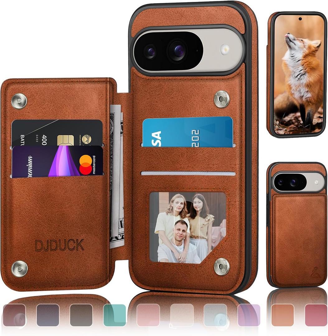 DJDUCK Designed for Google Pixel 9 5G/Pixel 9 Pro Case Wallet with Card Holder, [Magnetic Clasp Cover] [RFID Blocking Leather Protection] Shockproof Women Men Cases for Pixel 9 Light Brown
