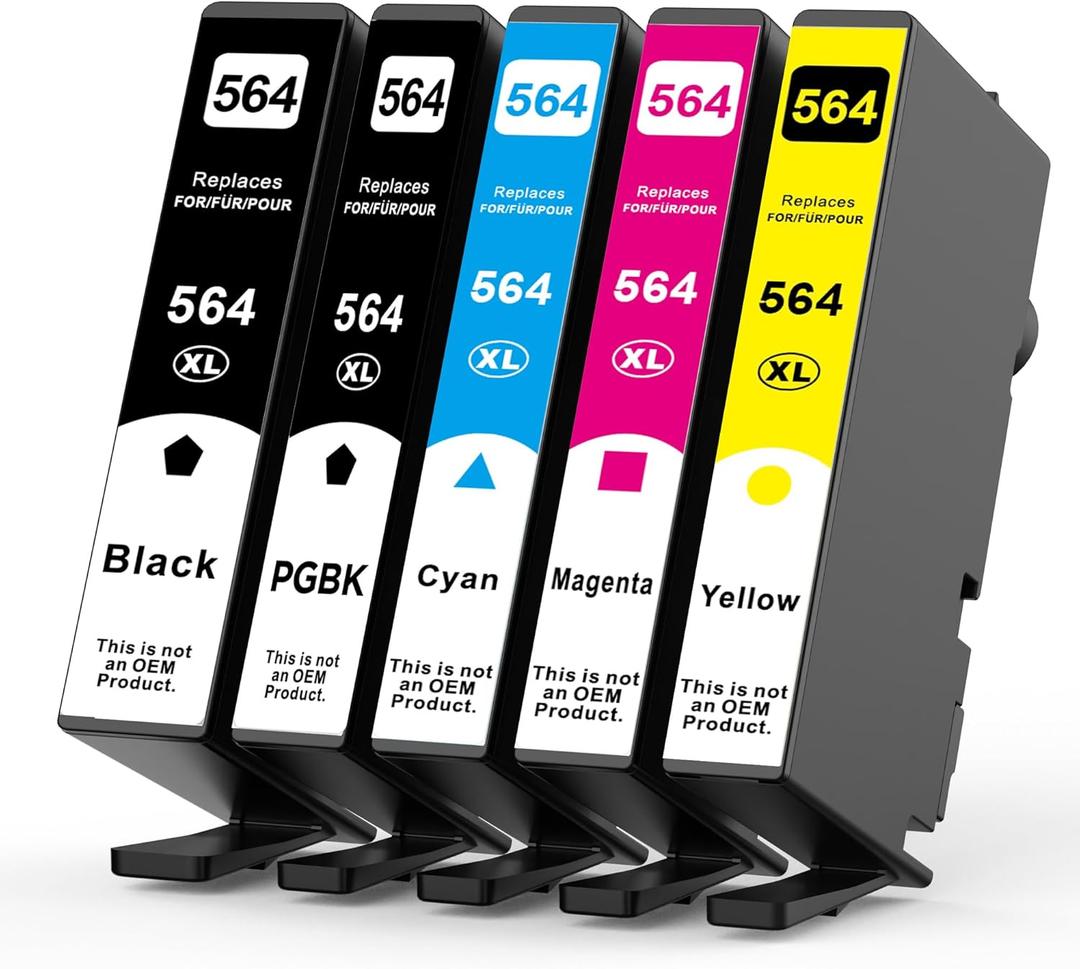 564XL High-Yield Ink Cartridges (5-Pack), Replacement for HP 564 Combo Pack, Compatible Photosmart 5520 6520 7510 7520 DeskJet 3520 Premium C309A C410A Printer (2BK/C/M/Y)