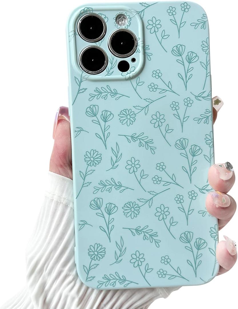 NITITOP Compatible with iPhone 14 Pro Case Cute for Women Girl Vintage Flower Floral Leaves Pattern Trendy Slim Fit TPU Silicone Shockproof Girly Fashion Protective Phone - Blue