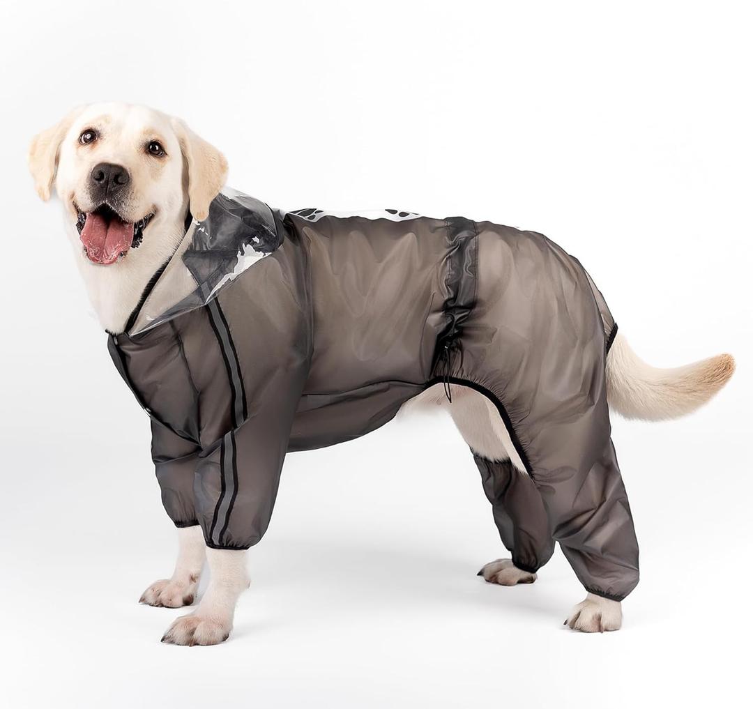 Olsa Dog Raincoat, Dog Hooded Slicker Poncho, 4 Legs Rain Jacket with Reflective Stripe, Transparent Water Proof Resistant Rain Snow Clothes (Black, L)