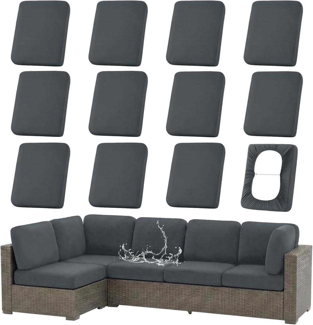 hyha Waterproof Outdoor Cushion Covers for Patio Furniture, Stretch Patio Chair Cushion Slipcovers, Coated UV Resistant Replacement Seat Covers, Solid Color (Dark Grey, 12PC)