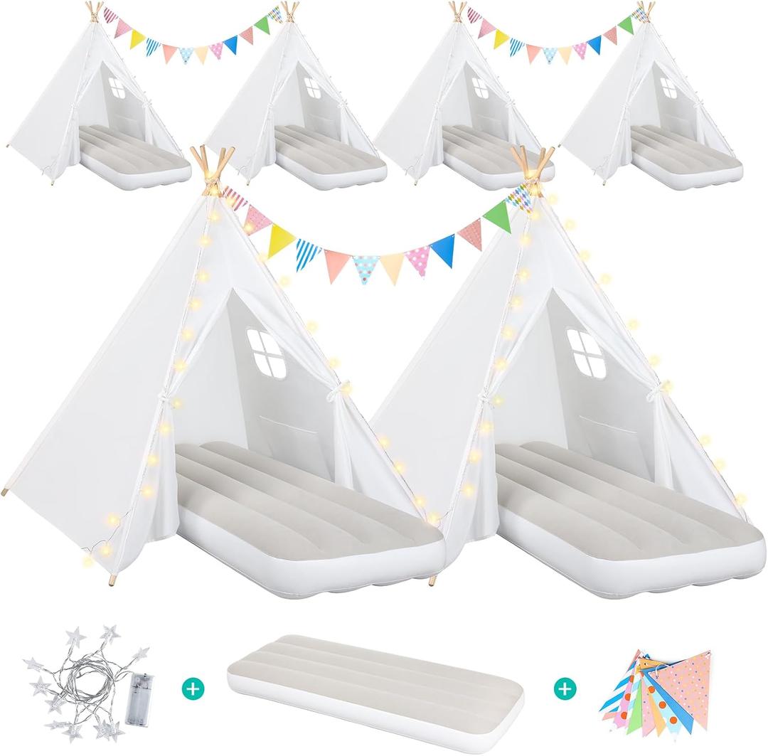 6 Pack Teepee Tent for Kids Sleepover Party Indoor, Gift Set with Inflatable Airbeds with Star Lights & Colored Flags, Washable & Foldable Toddler Slumber Party Tent for Girls & Boys, White, 6 Pack and Airbed