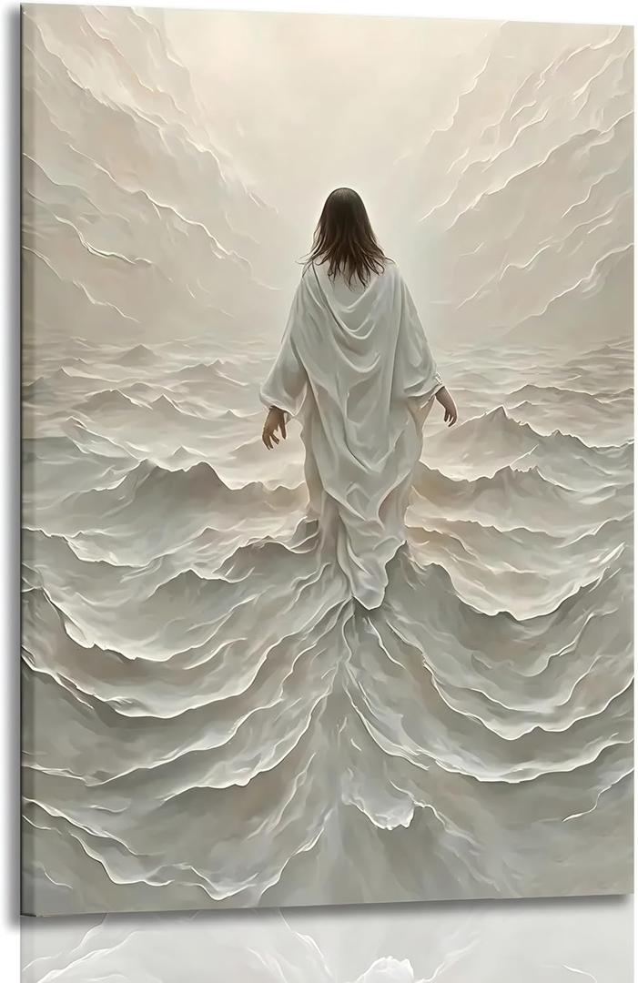 Framed Jesus Wall Art, White Christian Wall Decor, Jesus Walking On Water Poster Prints, Minimalist Christian Biblical Wrapped Canvas Artwork for Church Prayer Room Hospitals 16x24in