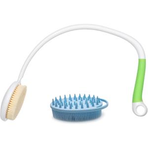 Fanwer 27.5” Back Bath Brush Long Handle for Shower and Silicone Body Scrubber, Shower Back Scrubber with Curved Handle for Elderly, Disabled, Limited Mobility, Post-Surgery, Frozen Shoulder