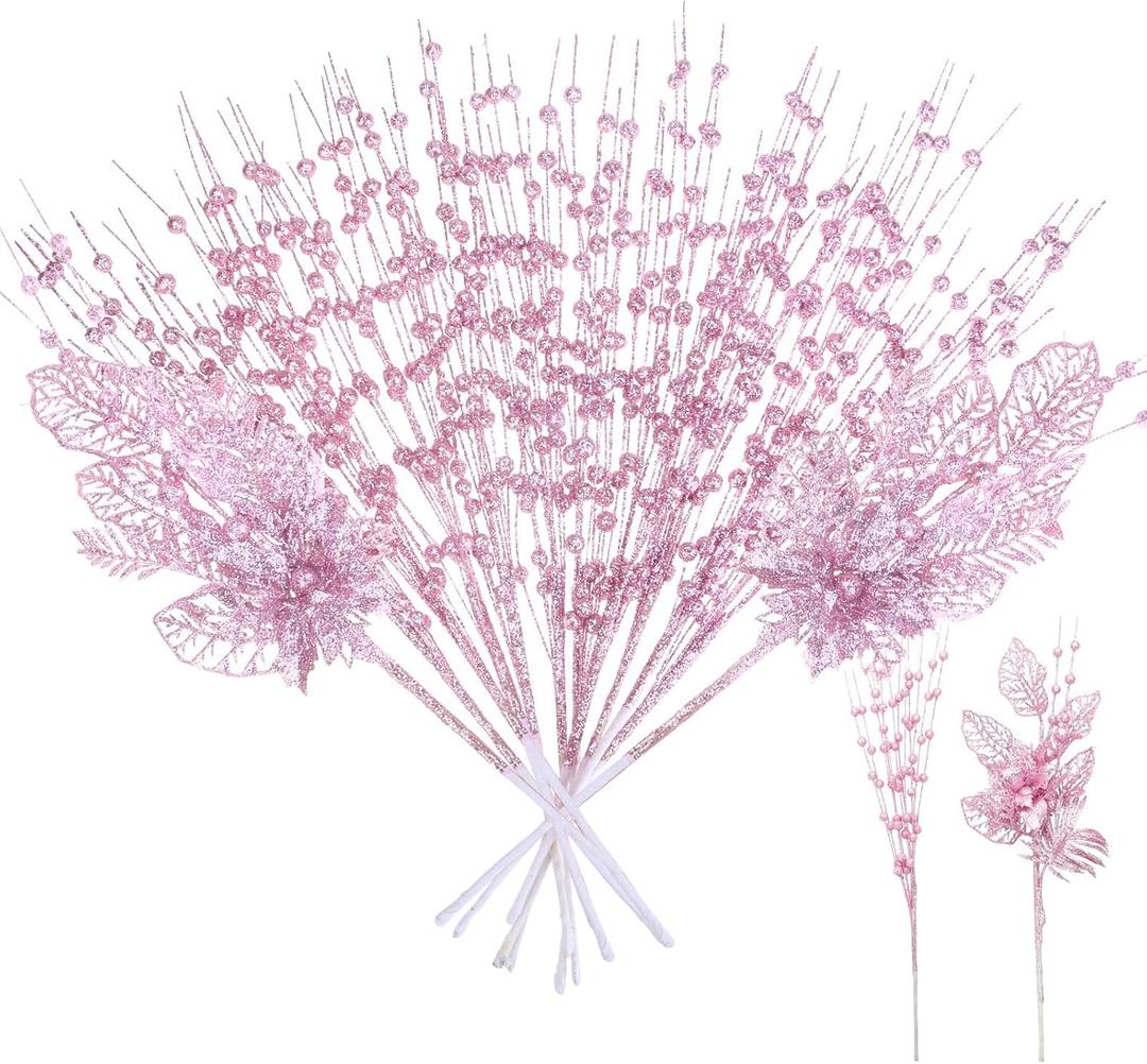 Megoogo 12 PCS Artificial Glitter Berry, Pink Christmas Glitter Picks Artificial Berries Stems for Christmas Decorations Fake Xmas Sticks for Vases Tall DIY Wreath Home Decor (15.8’’) Pink
