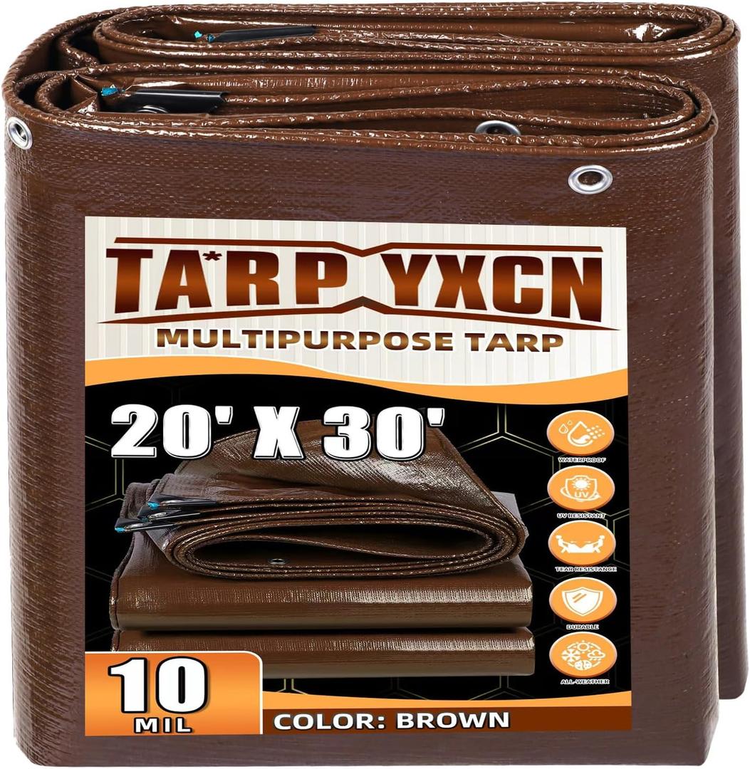 Brown Tarp 20x30 Feet, 10 Mil Thick Waterproof Poly Tarps Cover UV Resistant, Rip & Tear Proof with Metal Grommets Every 20 Inches