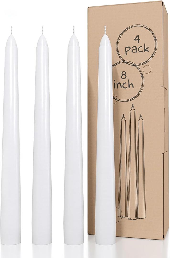 CANDWAX 8 inch White Taper Candles Set of 4 - Unscented Dripless Tapers - Smokeless Christmas Tapers - 6 Hours Burning Time Tapered White Candlesticks - Christmas Candle Sticks