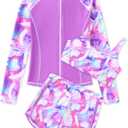 Ghteas Girls Swimming Set with Swim Trunks Long Sleeve Rash Guard Swimsuit and Tank Top 3 Piece Bathing Suit for Beach Trip Holiday Youths Girl Swimwear 13-14 Years Pink
