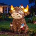 Solar Highland Cow Garden Statue with Funny Gnomes Outdoor Decor,Cow Figurine with LED Lights Yard Art Decoration for Garden,Patio,Lawn-Unique Gift for Mom,Grandma
