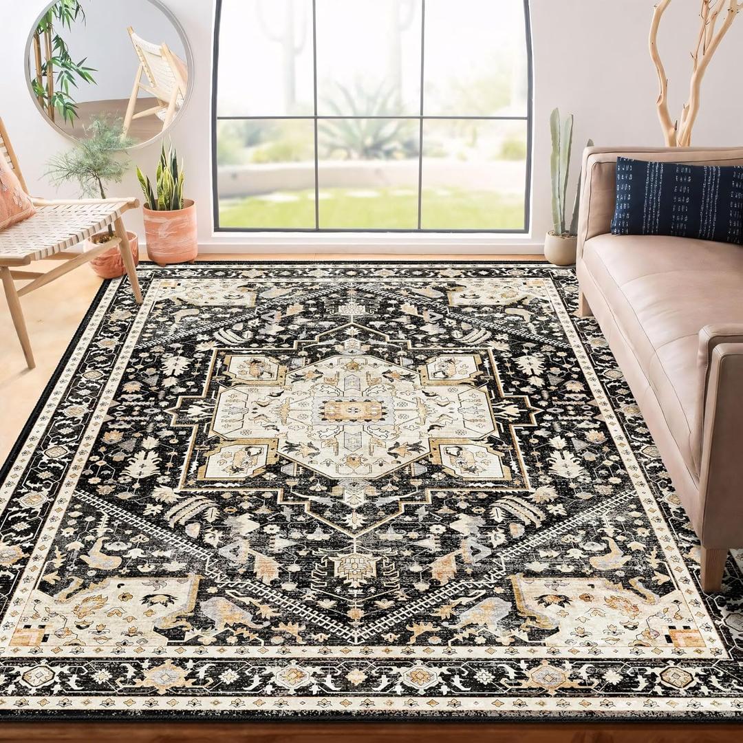 MUJOO Black Rug 6x9,Washable Rugs for Living Room Bedroom,Large Boho Area Rug,Non Slip Carpet Indoor,Vintage Soft Black and Gold Floral Rug (6' x 9' (Rectangular), Black and Beige)