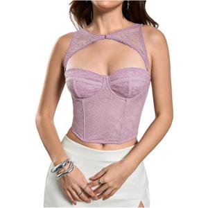 WDIRARA Women's Cut Out Lace Crop Bustier Corset Tank Top Sexy Going Out Party Club Tops Mauve Purple X-Small