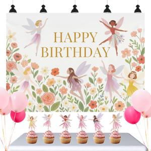 Fairy Birthday Party Decorations for Girls  Fairy Cupcake Toppers with Banner or Backdrop, Fairy Tale Theme Baby Shower & Party Supplies (Cupcake Topper + Backdrop)
