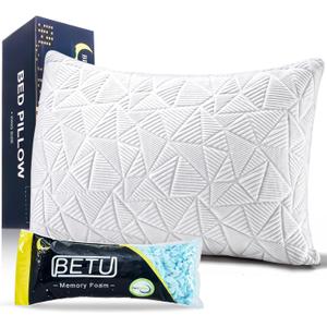BETU Cooling Pillow Queen Size, Shredded Memory Foam Cool Pillow for Hot Sleepers, Adjustable Firm Soft Support Bed Pillows Perfect for Back Neck Pain and Side Sleeping with Pillow Case Cover, White