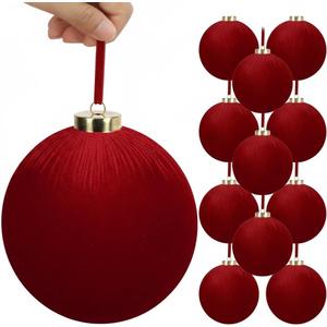 12 Pack Velvet Christmas Ball Ornaments Large Flocked Christmas Tree Hanging Ornaments Shatterproof Flocked Decorative Balls for Xmas Tree Decorations (Dark red, 6inch)