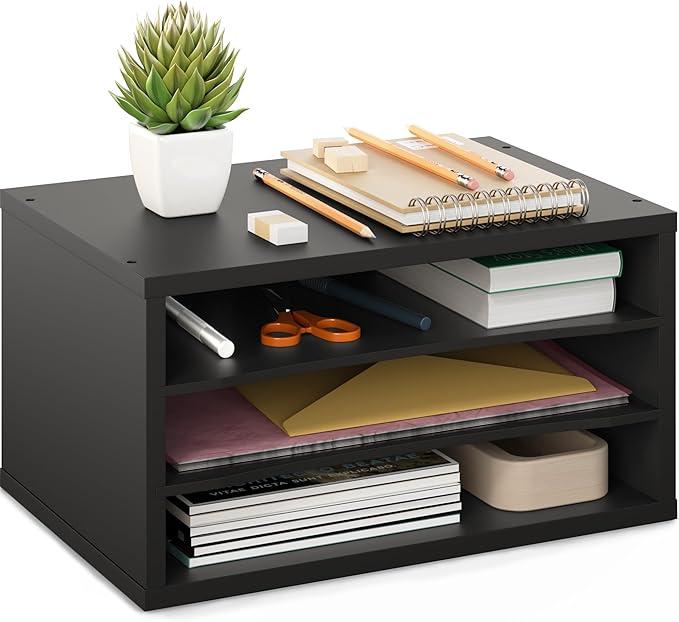 Ballucci Paper Organizer, 3Tier Stackable Wood Desk Organizer, Document File Organizer and Mail Sorter with Adjustable Storage Shelves, Black