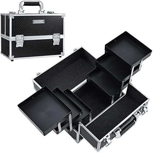 FRENESSA Makeup Train Case Makeup Case 11.8 Inch Large Cosmetic Box Organizer Travel Storage Professional Make Up Train Carrying Case with 6 Trays Locking Hard Vanity Storage Black