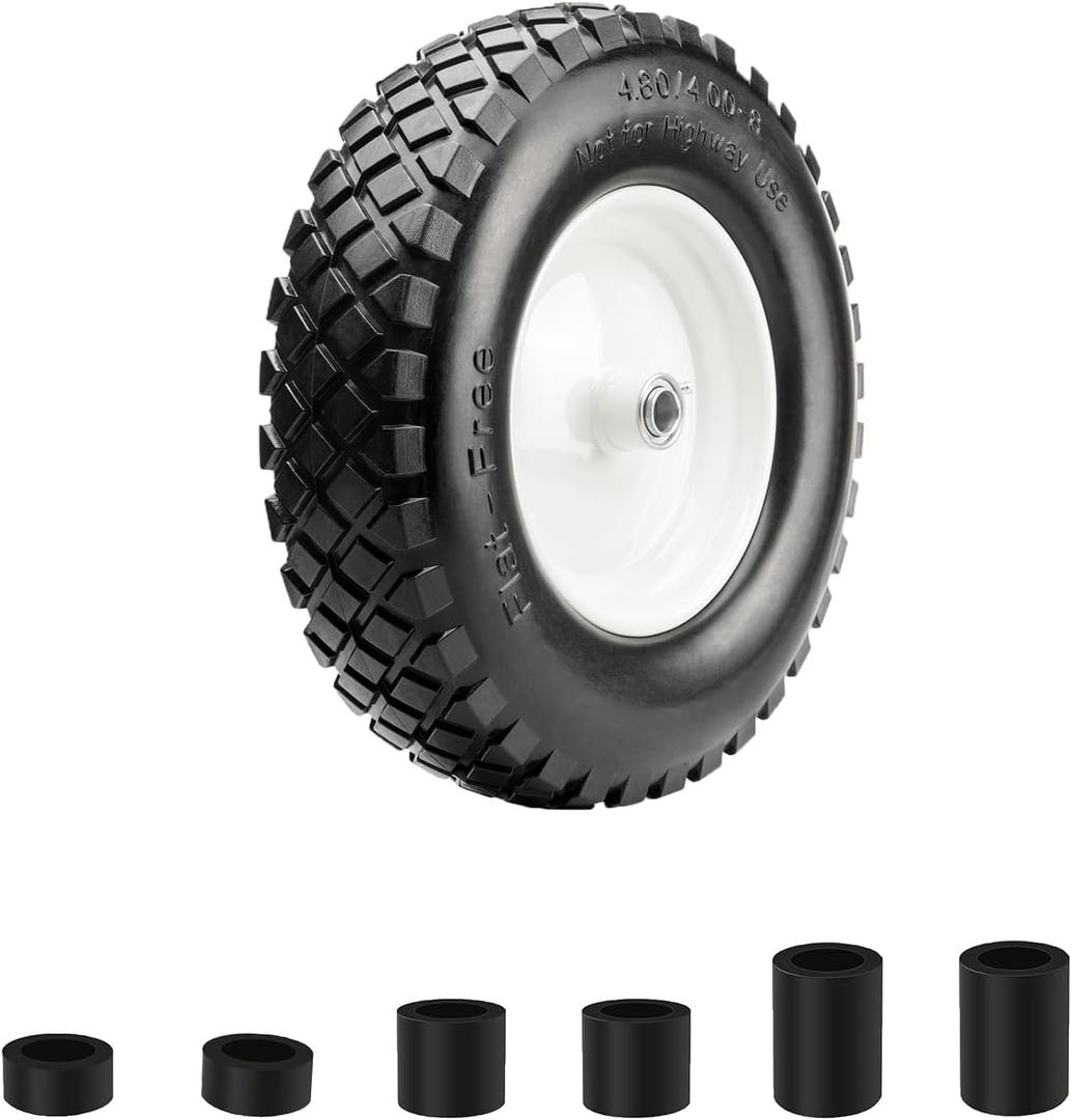 16" Flat Free PU 4.80/4.00-8" Solid Tire with 3/4" Ball Bearing and 3"-8" Center Hub, Universal Hand Truck Flat Free Trailer Wheelbarrow Tire for Hand Truck/Tool Cart/Garden Cart, 1 Pc White