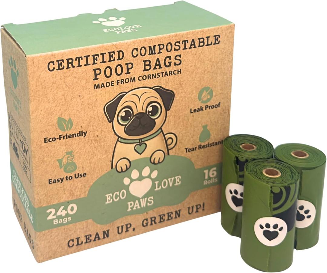 100% Certified Home Compostable Dog Poop Bags, Leak-Proof & Extra Thick, Plant-Based, Unscented, Easy to open, Plastic-Free Pet Waste Bags, 240 Count (16 Rolls, Great Value)
