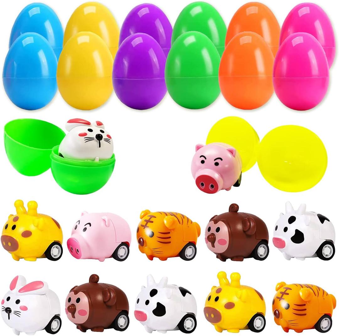 JIALWEN 12 Pack Easter Eggs Filled with Animal Pull Back Toy Cars, Easter Basket Stuffers Surprise Easter Gifts Hunt Theme Party Favors Classroom Prize Supplies