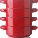 Sweejar Ceramic Soup Bowls with Double Handles, 20 Oz Stacked Bowls for French Onion Soup, Cereal, Pot Pies, Stew, Chill, Pasta, Set of 4 (Red)
