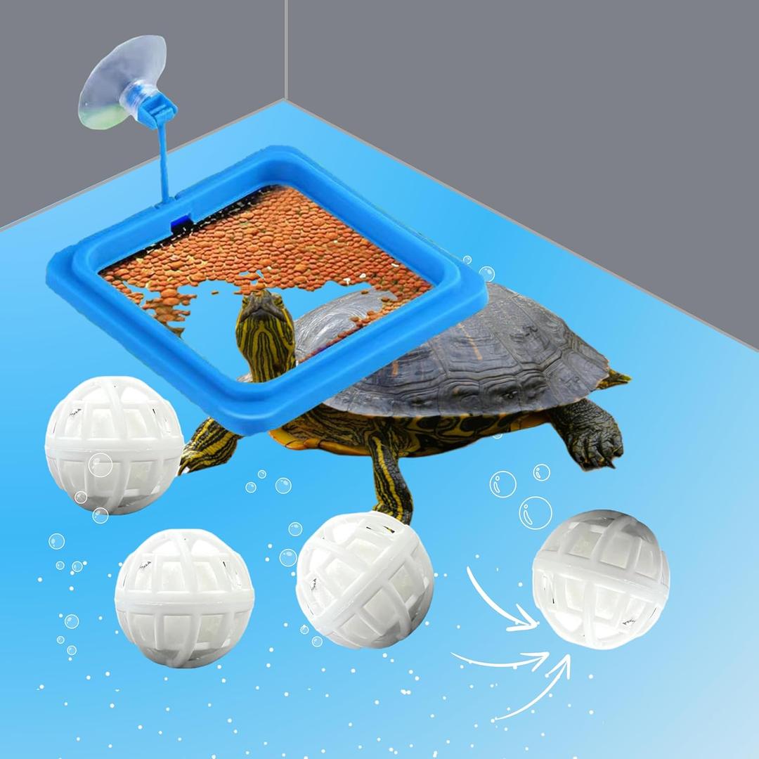 Square Turtle Feeding Ring with Suction Cup and 4 Pcs Nitrifying Balls Set, Fish Food Holder and Aquatic Toys for Turtles Tortoise Goldfish Guppy Koi Puffer, Aquatic Turtle Tank Accessories (Square)