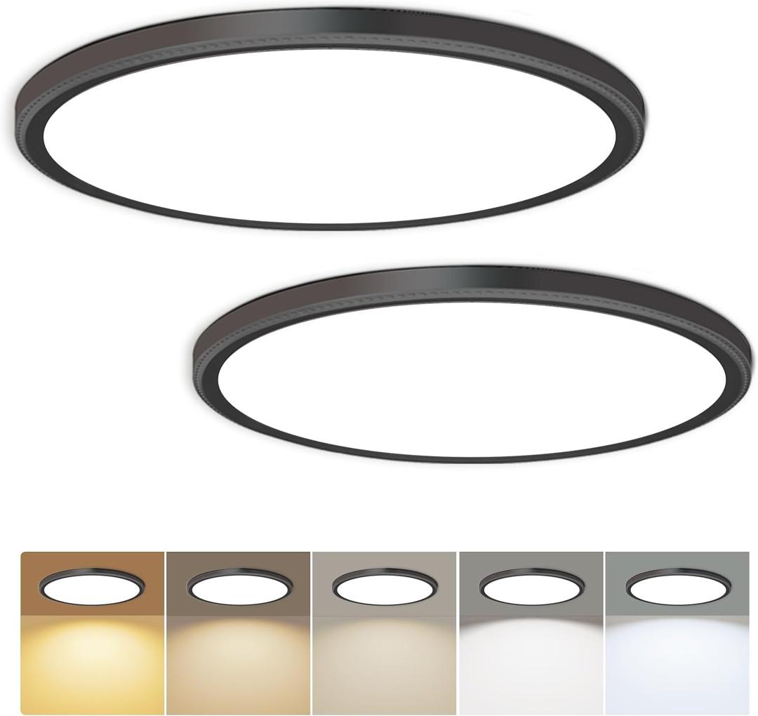 Hunhun 2 Pack 3200lm LED Flush Mount Ceiling Light 28W 12 Inch 5CCT Adjustable Super Slim 0.87 inch Round Ceiling Lamp for Bedroom, Living Room, Kitchen, Laundry - Black