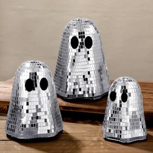 3 Pcs Halloween Disco Ghost Decor 6'' 5'' 4''halloween Ornament Silver Mirror Disco Skeleton Table Decoration Glitter Spooky Ghost Tiered Tray Decor for Props Home Tabletop Party Gift,(Silver)
