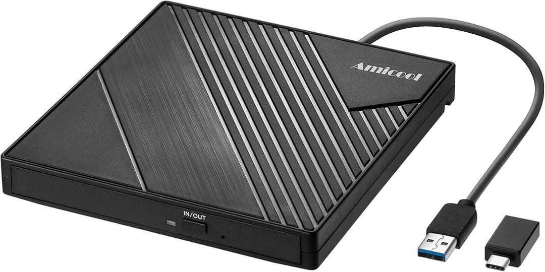 Amicool External DVD Drive USB 3.0 USB C CD Burner CD/ DVD +/ -RW Optical Drive, Slim Portable DVD CD ROM Rewriter Writer Duplicator for Laptop Desktop PC Windows 11/ 10/ 8/ 7 MacBook Mac Linux OS Apple