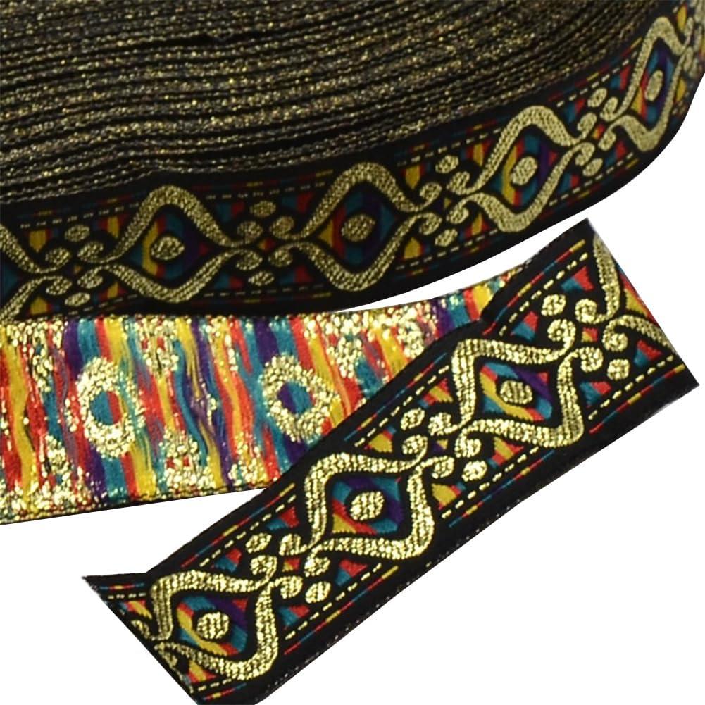 33 Yards 3/4 Inch Black Gold Embroidered Ribbon Glitter Eyes Pattern Ethnic Ribbons Metallic Vintage Polyester Jacquard Woven Fabric Trim Bulk for Sewing Making Crafts Christmas Decor Supply