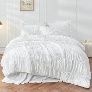 Bonlino King Size Comforter Set - Ruched White Comforter King Bed Set Boho Shabby Chic Bedding - Fluffy 3 Piece Ruffle Comforter Set with Pillow - Soft and Luxury