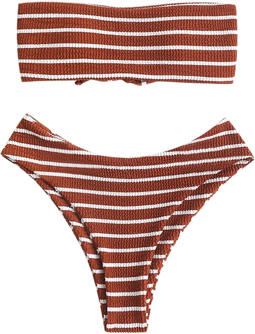 ZAFUL Women Strapless Ribbed High Cut Bandeau Bikini Lace Up 2 Pieces Swimwear (Small, 6-coffee)