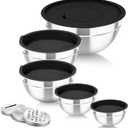 TeamFar Mixing Bowls with Airtight Lids, 5PCS Stainless Steel Metal Salad Bowl with 3 Grater Attachments, for Cooking, Prepping, Serving, Healthy & Easy Clean - 0.7/1/1.5/2.6/4.6QT, Black