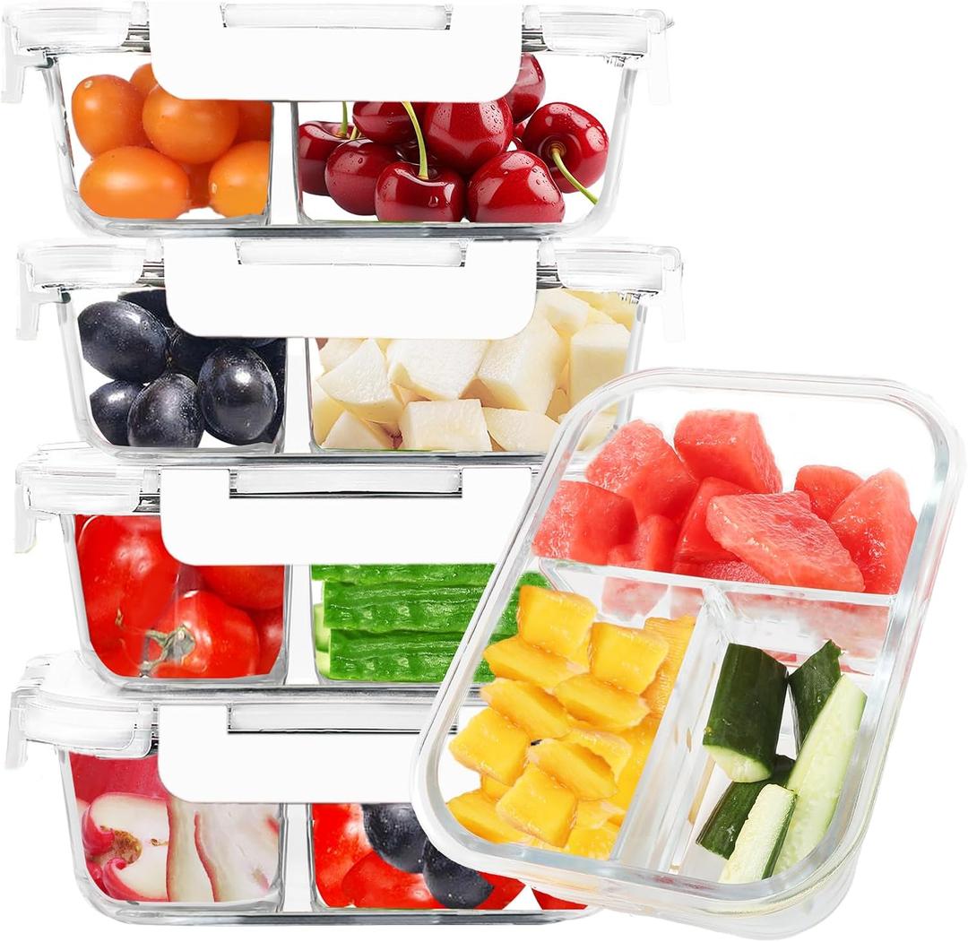 BAYZZ 5 Pack 35 Oz Glass Meal Prep Containers 3 Compartments, Glass Food Storage Containers, Lunch Bento Box with Airtight Lids, Microwave, Freezer & Dishwasher Safe, White