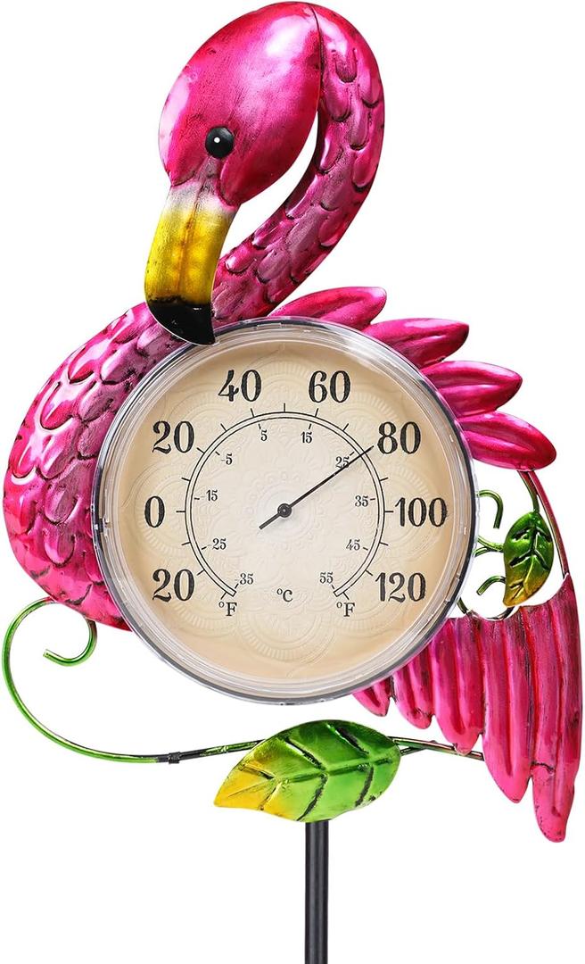MUMTOP Outdoor Thermometer, 42 Inch Metal Flamingo Solar Lights with Stake for Patio, Yard and Garden