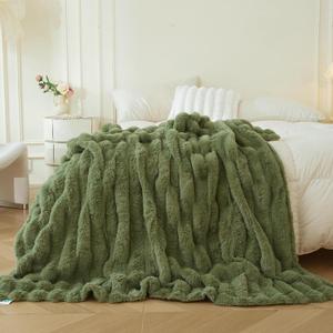 MEGO Fluffy Faux Rabbit Fur Throw, Cozy Wide Stripe Plush Fuzzy Blanket for Bed Couch Sofa Chair, Moss Green Shaggy Throw Bedroom Living Room, Furry Blanket for Kids Girls Adults, 50x60, Sage Green