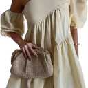 UOOZEE Women's Summer One Shoulder Mini Dress Puff Short Sleeve A Line Flowy Cocktail Party Club Short Dresses (Beige, XL)