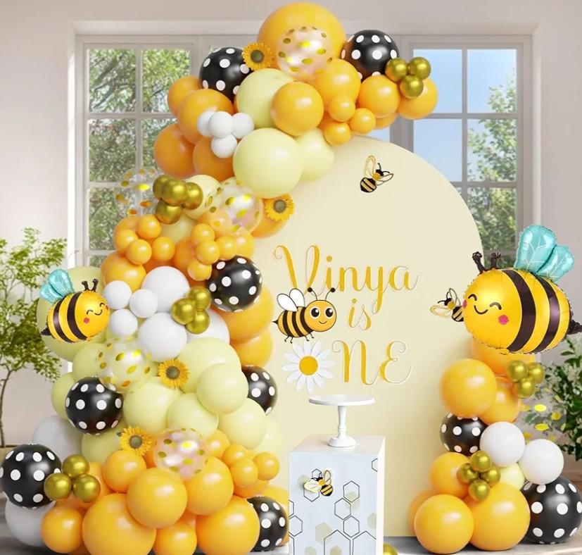 Bee Balloon Arch Kit, Black Yellow White Gold Balloon Garland with Bee Foil, Sunflower Decor for Bee Birthday, Baby Shower, Gender Reveal, Party Decorations