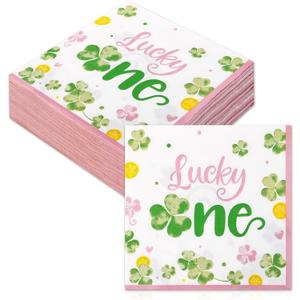 Nefelibata Lucky One Napkins 50Pcs, St. Patrick's Day Lucky One First Birthday Decorations for Girl, Shamrock Paper Napkins for Girl's Birthday Party, Pink Irish Table Decor