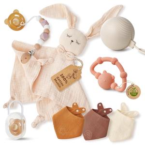Giant bean Baby Gift Basket, Baby Shower Gifts for Girls, Includes Silicone Teething Toy, Pacifier, Pacifier Holder Case, Rabbit Comforter, Cotton Bib, Perfect for Boys and Girls